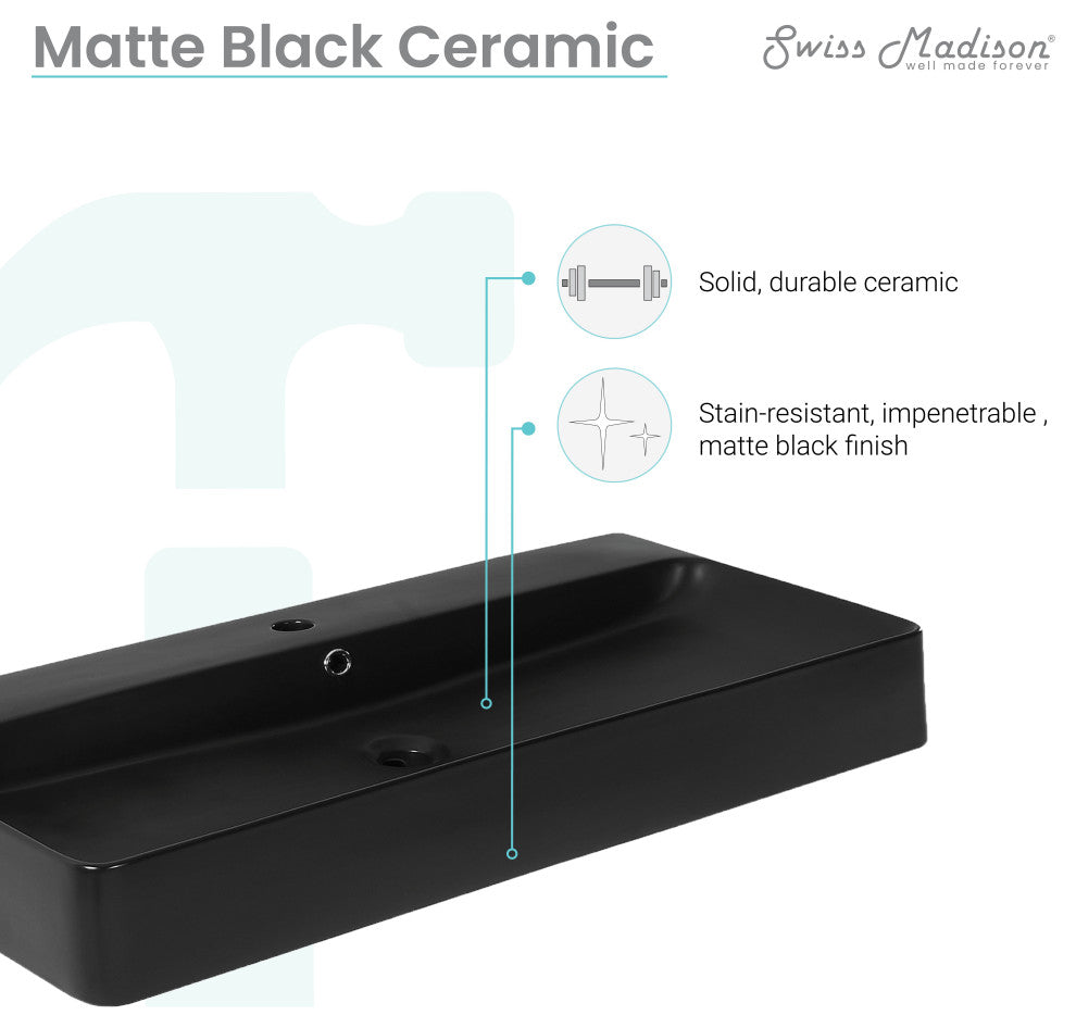 Carre 36" Rectangle Wall-Mount Bathroom Sink, Matte Black