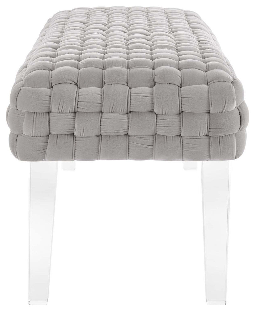 Ottoman Bench, Gray, Velvet, Modern, Mid Century Hotel Lounge Cafe