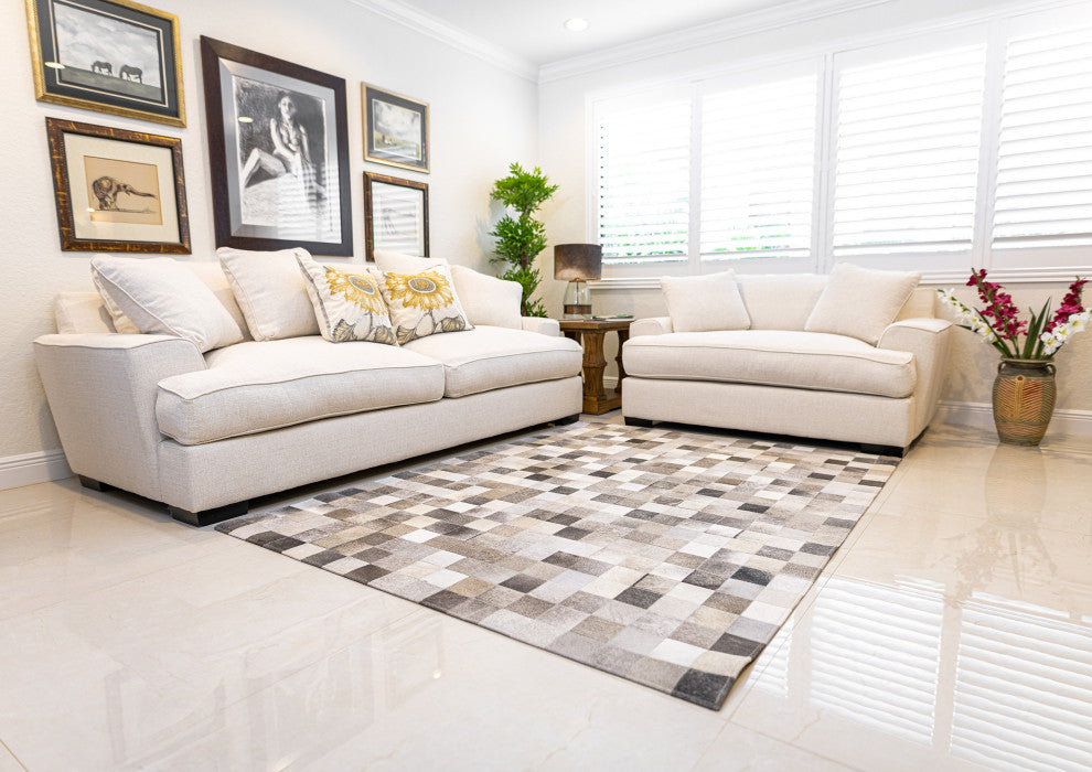 Cowhide Patchwork Rug, Grey Tones - Squares , 4x6