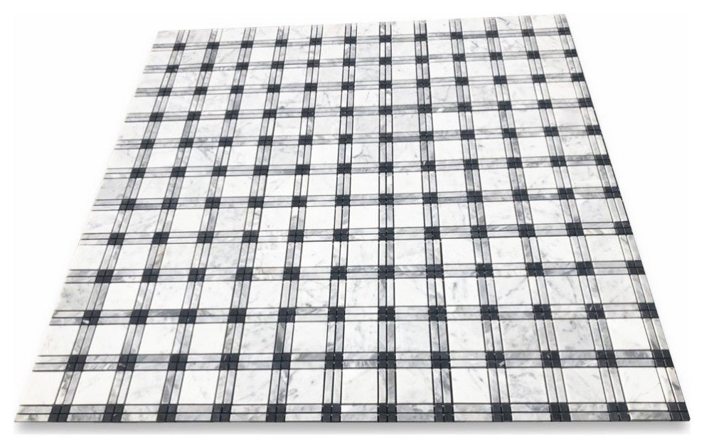 Carrara White Black Gray Marble Plaid Tartan Wall Floor Tile Matte, 1 sheet