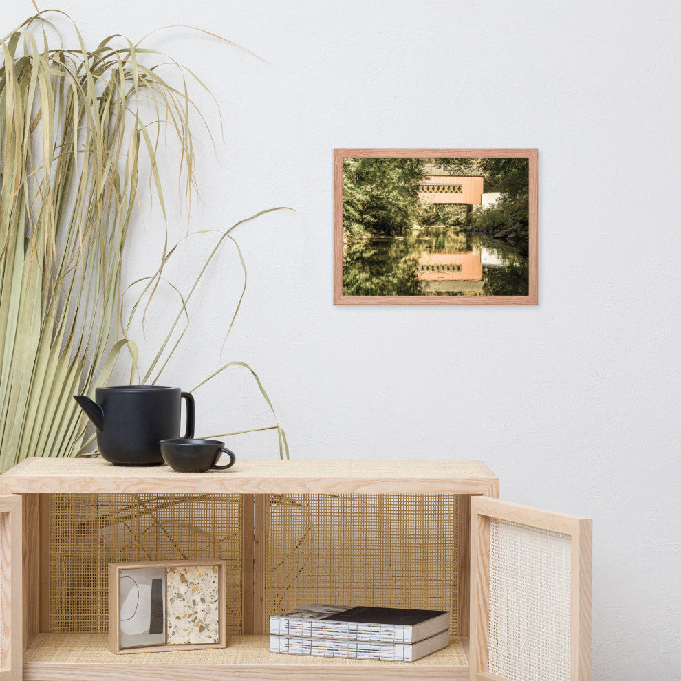 The Reflections of Wooddale Covered Bridge Aged Framed Photo Wall Art Print, Red Oak, 12" X 16"
