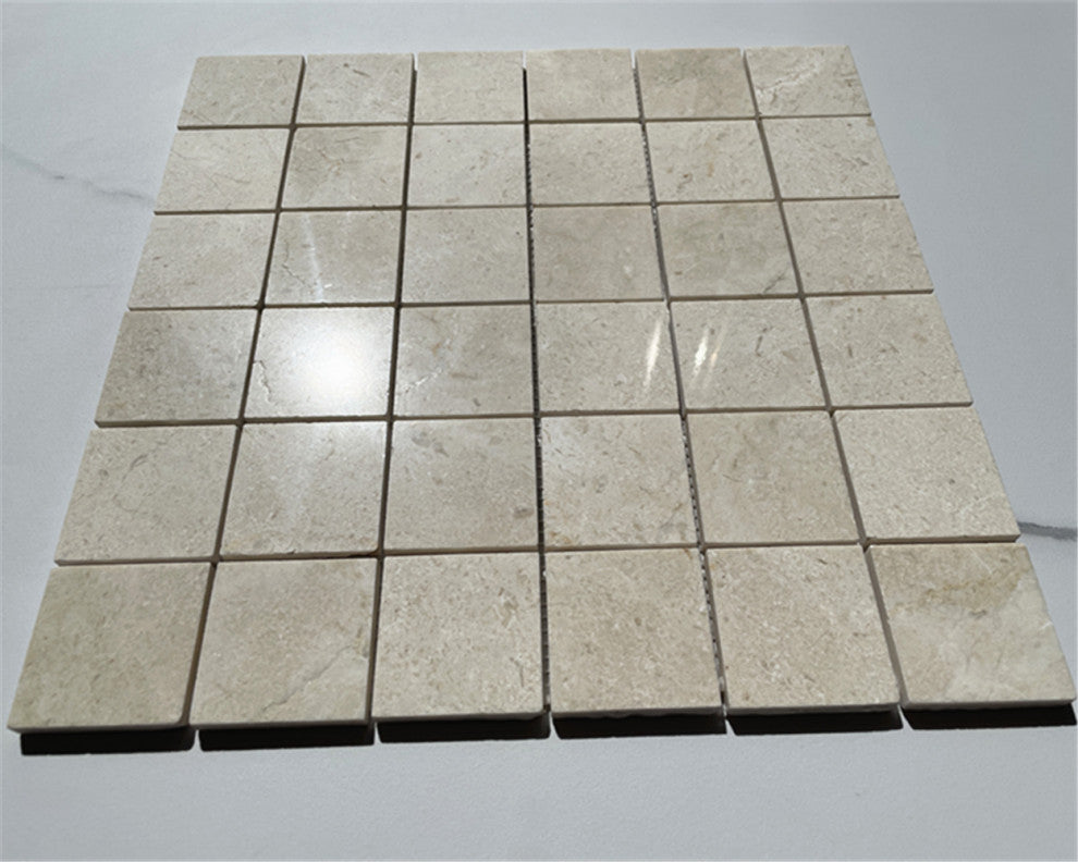 Crema Marfil Beige Marble 2x2 Grid Square Mosaic Tile Polished, 1 sheet