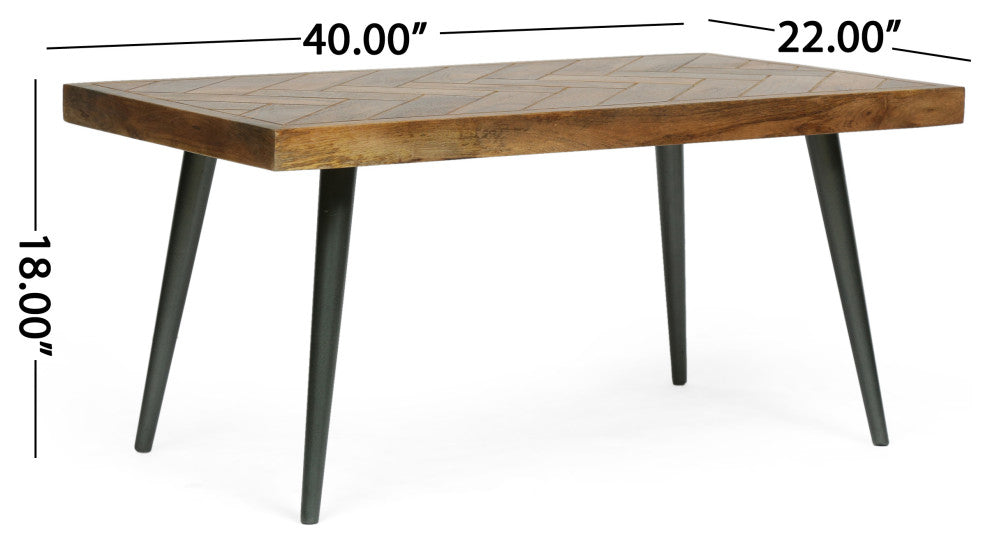 Tilton Boho Handcrafted Mango Wood Parquet Coffee Table, Natural Honey and Gray