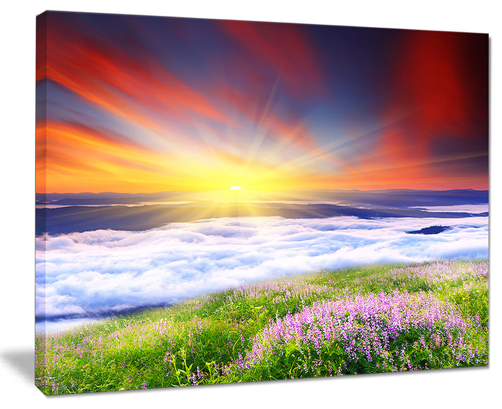 "Sunrise With Blooming Flowers" Landscape Art Canvas Print, 20"x12"