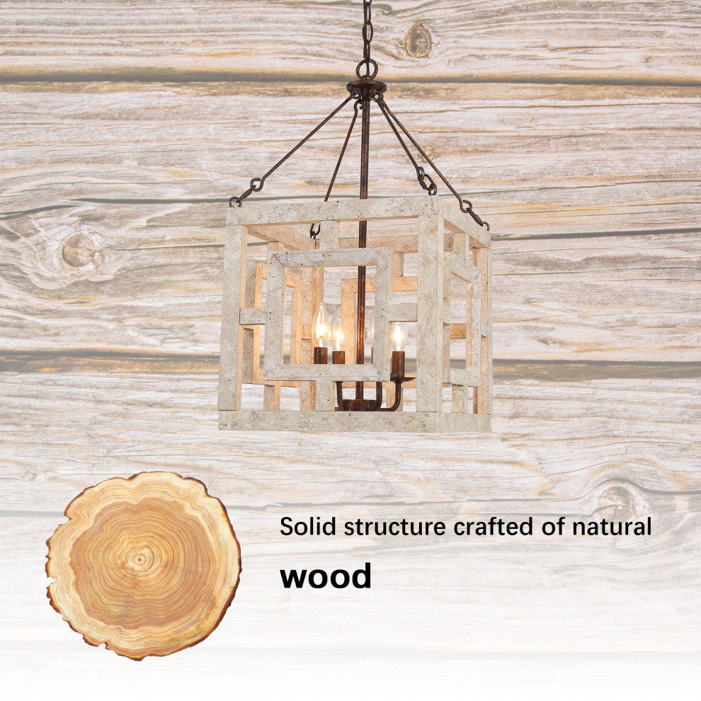 LNC Farmhouse 4-Light Bronze/Off-White Sqaure Wood Chandelier