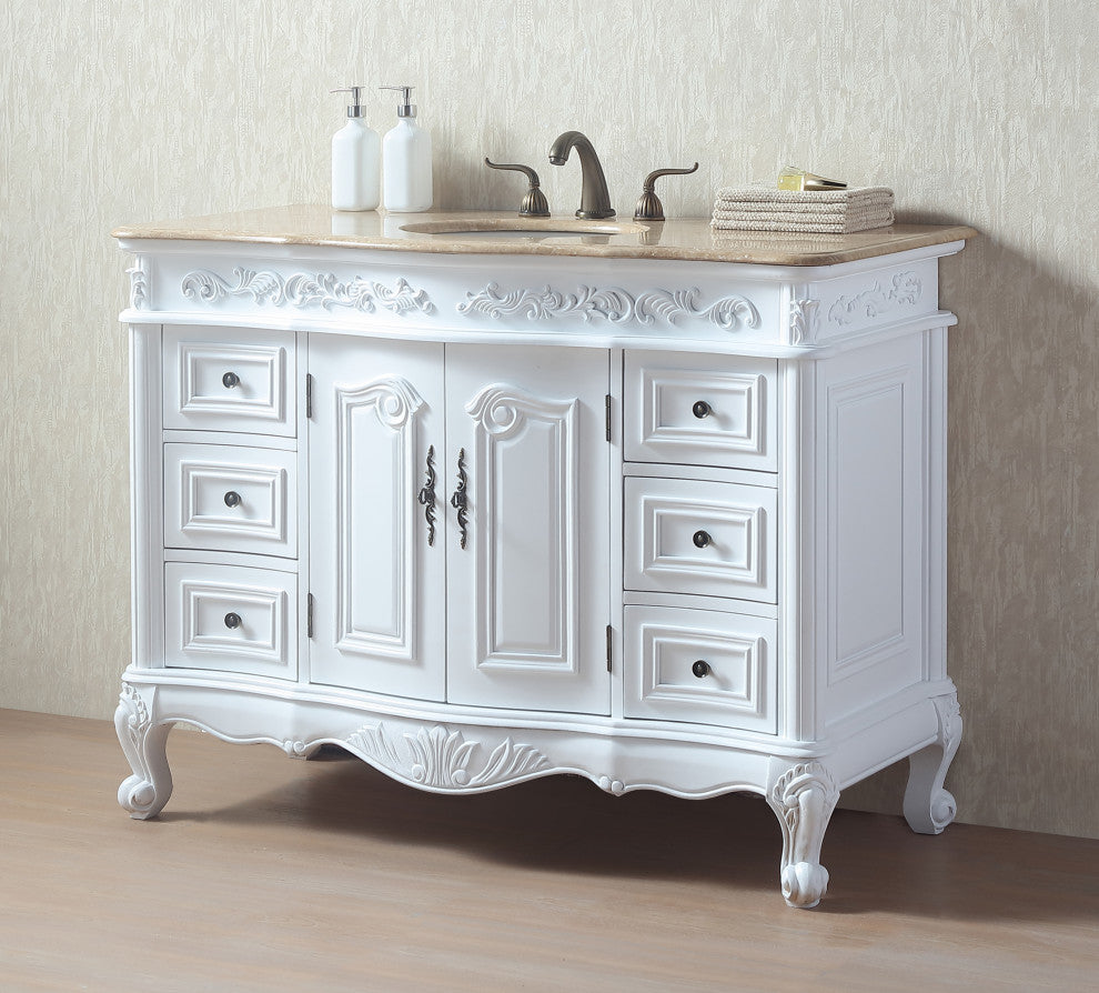 Cassandra 48" Single Sink Bathroom Vanity, White Cabinet, Travertine Marble Top