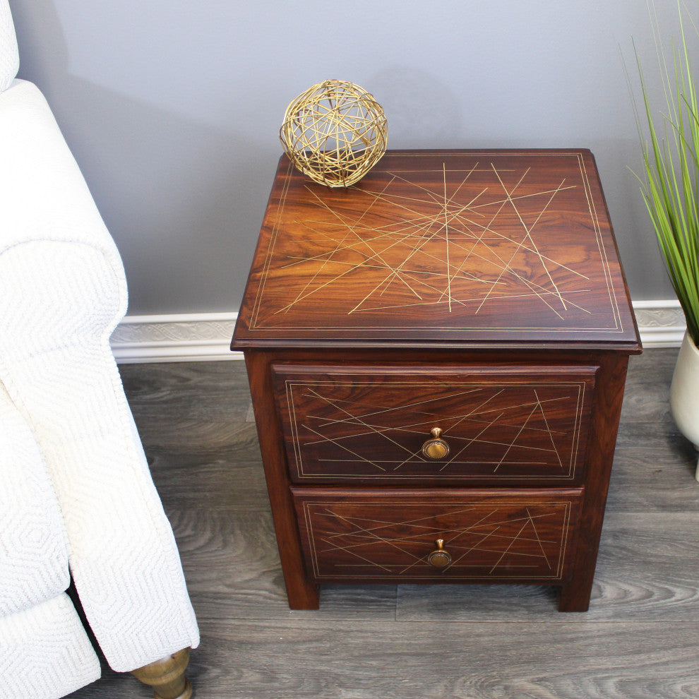 Natural Geo Rosewood Square End Table Abstract Golden Brass Inlay