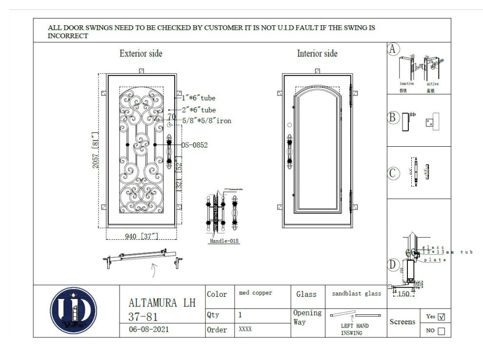 Altamura 37X81 Left Hand Inswing, Medium Copper, Rain Glass, Handles, Deadbolt