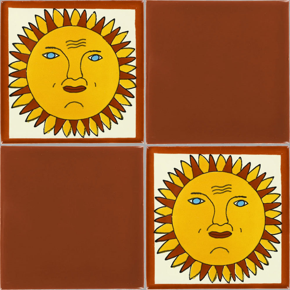 4.25"x4.25" Talavera Mexican Handmade Ceramic Tile, Sun, Set of 9