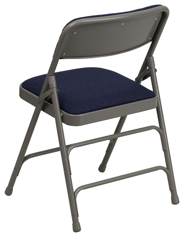 Curved Triple Braced and Double Hinged Navy Fabric Metal Folding Chair, Set of 4