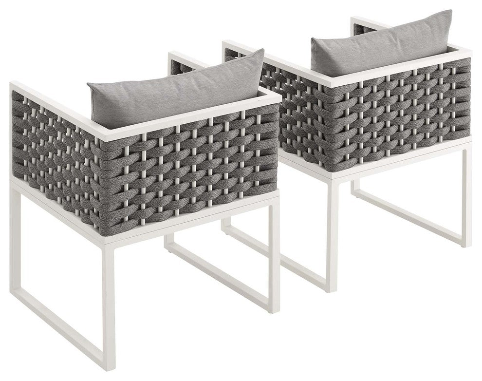 Modern Outdoor Dining Chair Armchair, Set of 2, Fabric Aluminium, White Gray