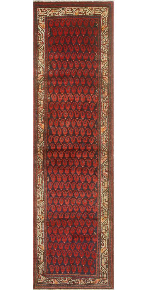 Fine Vintage Distressed Juan Navy/Red Runner, 3'5x13'5