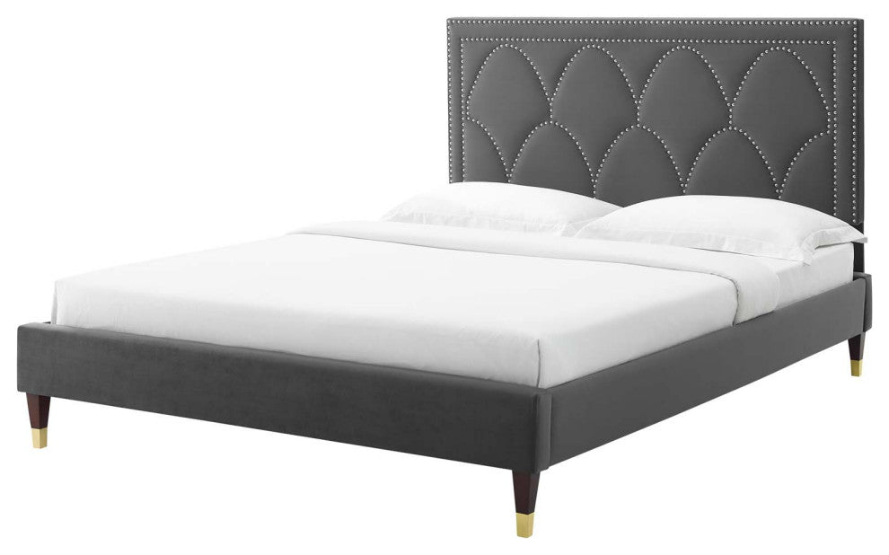 Platform Bed Frame, Nailhead, Queen Size, Charcoal Gray, Velvet, Modern