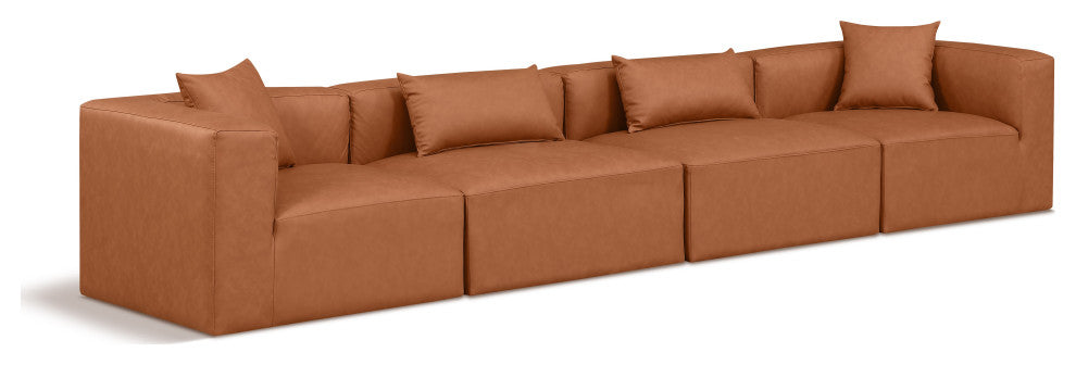 Cube Upholstered Modular Sofa, Cognac, 4-Piece: 2 Armless Chair, 2 Corner Chair, Vegan Leather
