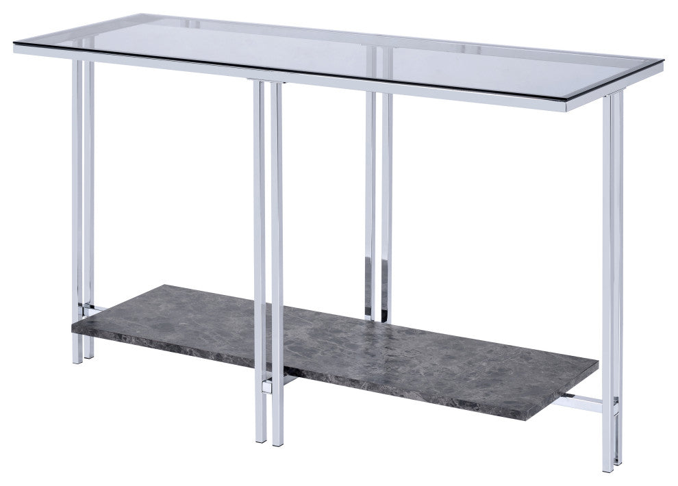 Glass Top Metal Sofa Table with Marble Bottom shelf, Silver and Clear