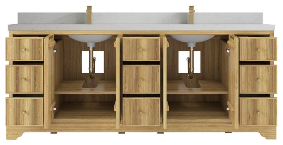 Austin 84 Double Sink Bath Vanity in Light Natural Teak 2" Carrara Quartz