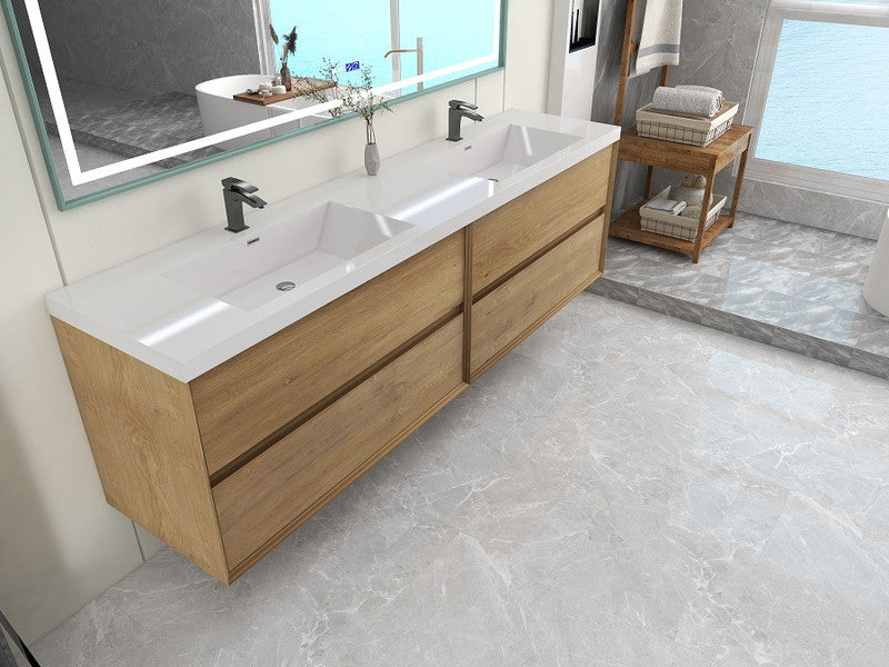 Ashley 84'' Floating Vanity, Acrylic Top, Double Sink, White Oak
