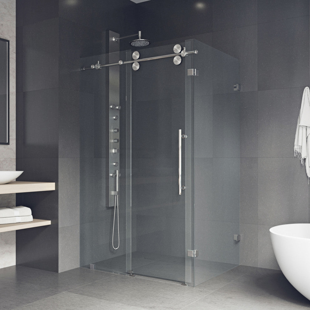 VIGO Winslow Frameless Sliding Shower Enclosure, Stainless Steel, 35" D X 46" W X 74" H, Without Base