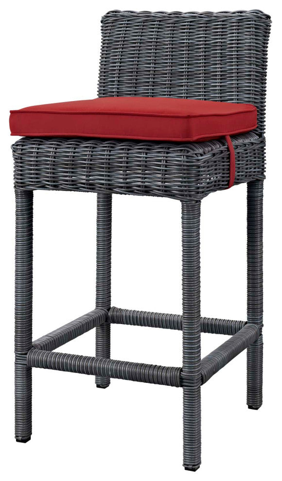 Modern Outdoor Patio Bar Stool Chair, Sunbrella Fabric Rattan, Grey Gray Red