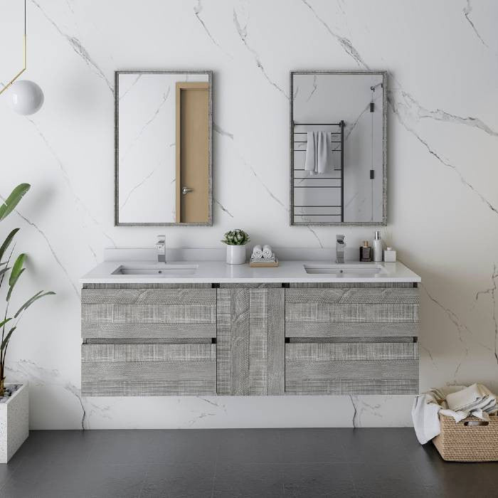 Fresca Formosa 60" Ash Wall Hung Double Sink Modern Vanity Set, Faucet Fft1040ch