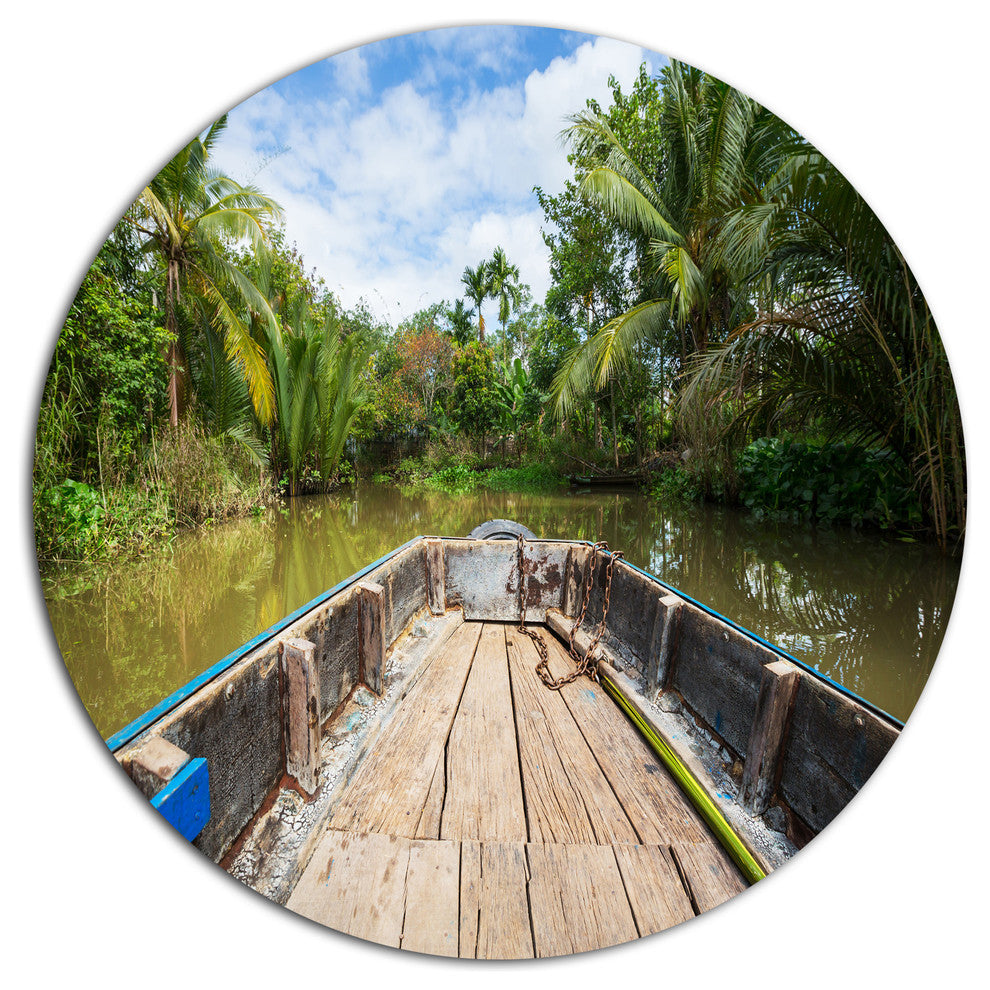 Boat In Mekong River Vietnam, Landscape Round Wall Art, 23"