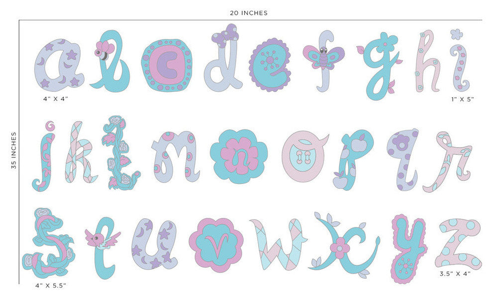 Alphabet Fabric Wall Decals , Script Alphabet in Pink and Purple