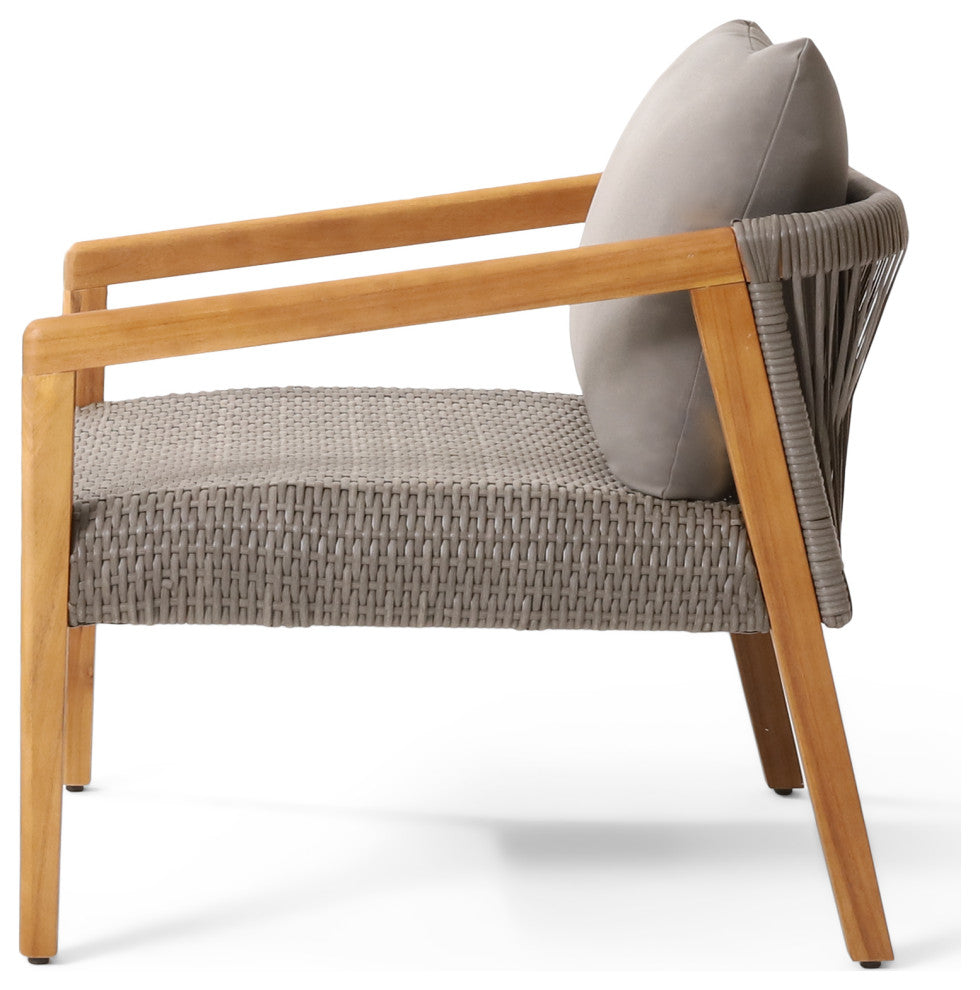 Breck Outdoor Acacia Wood and Wicker Club Chairs with Cushion, Set of 2