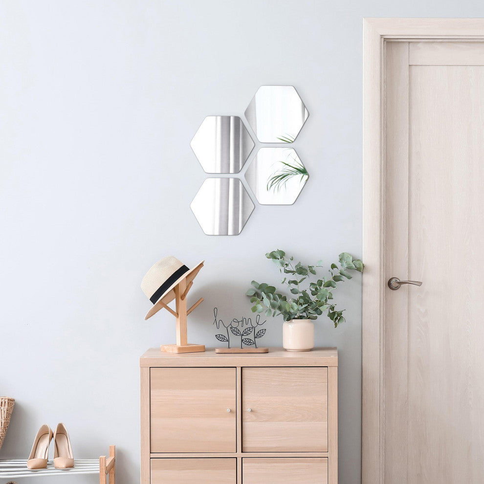 Small Decorative Wall Self Adhesive Shaped Mirrors, Set of 4, Hexagonal