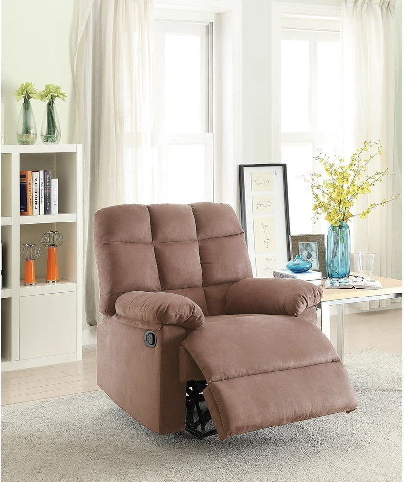 Benzara BM166720 Recliner With Tufted Back and Roll Arms, Saddle Brown