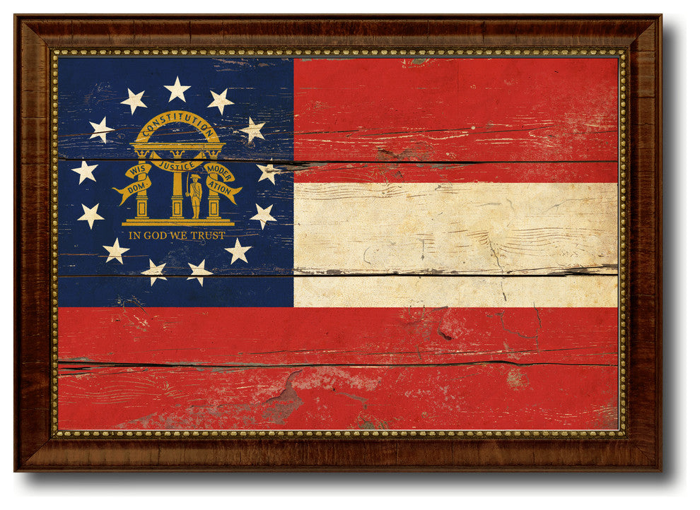 Georgia State Vintage Flag Print With Brown Gold Frame, 19"X27"
