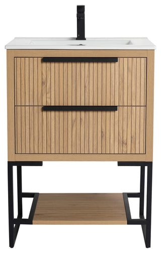 Kingsford Grooved-Look Bath Vanity, Bright Oak, White Ceramic Sink, 24", Drawers