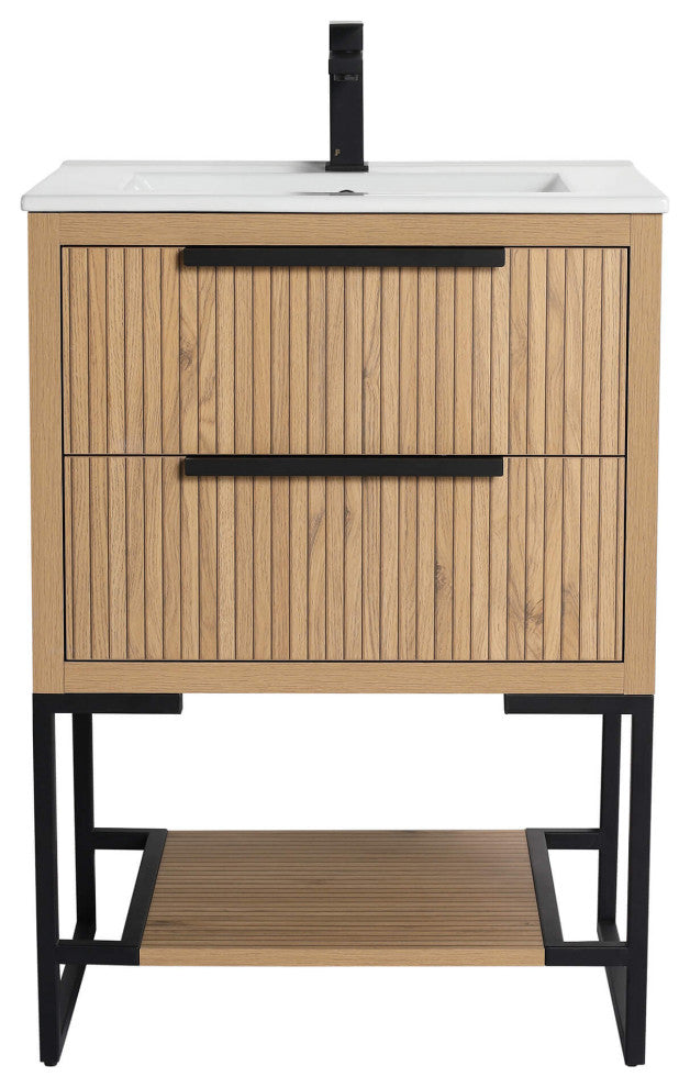 Kingsford Grooved-Look Bath Vanity, Bright Oak, White Ceramic Sink, 24", Drawers