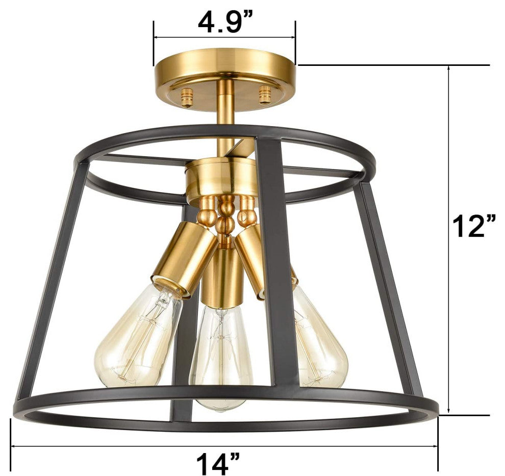 3 Light Semi Flush Mount, Cage Ceiling Lamp, Brass and Black