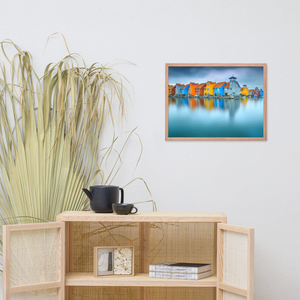 Blue Morning at Waters Edge Landscape Framed Photo Paper Wall Art Prints, Red Oak, 18" X 24"