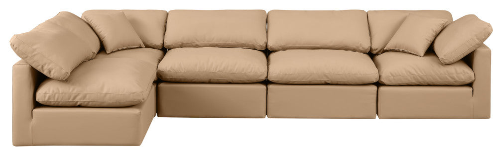 Indulge Upholstered Modular L-Shaped Sectional, Tan, 5-Piece: 3 Armless Chair, 2 Corner Chair, Fiber Stuffed Vegan Leather