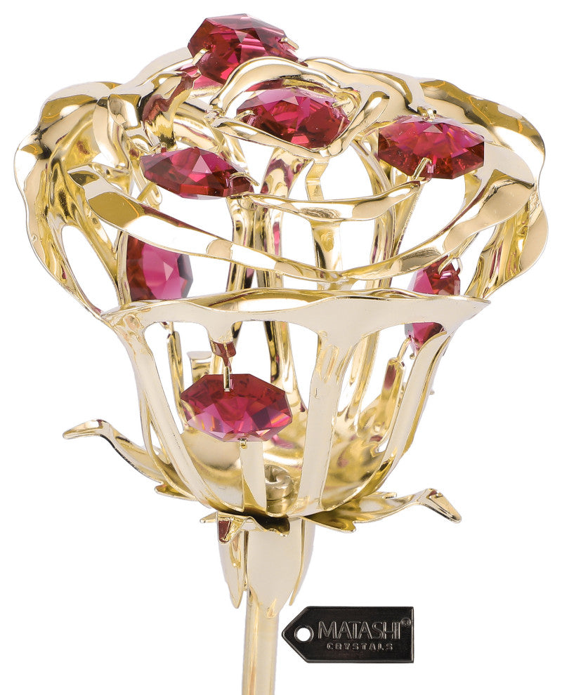 Matashi 24K Gold Plated Rose Flower Tabletop Ornament w Red Pink Green Crystals
