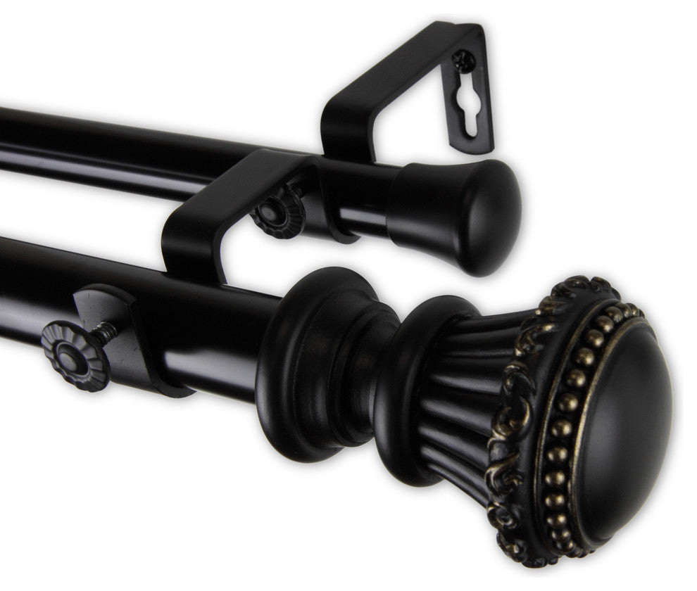 Royal 1" Double Curtain Rod, Black, Black, 120"-170"
