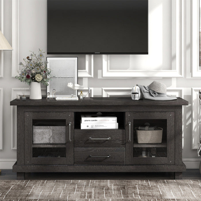 Vintage Particleboard TV Stand with Two Drawers and Open Style Shelves