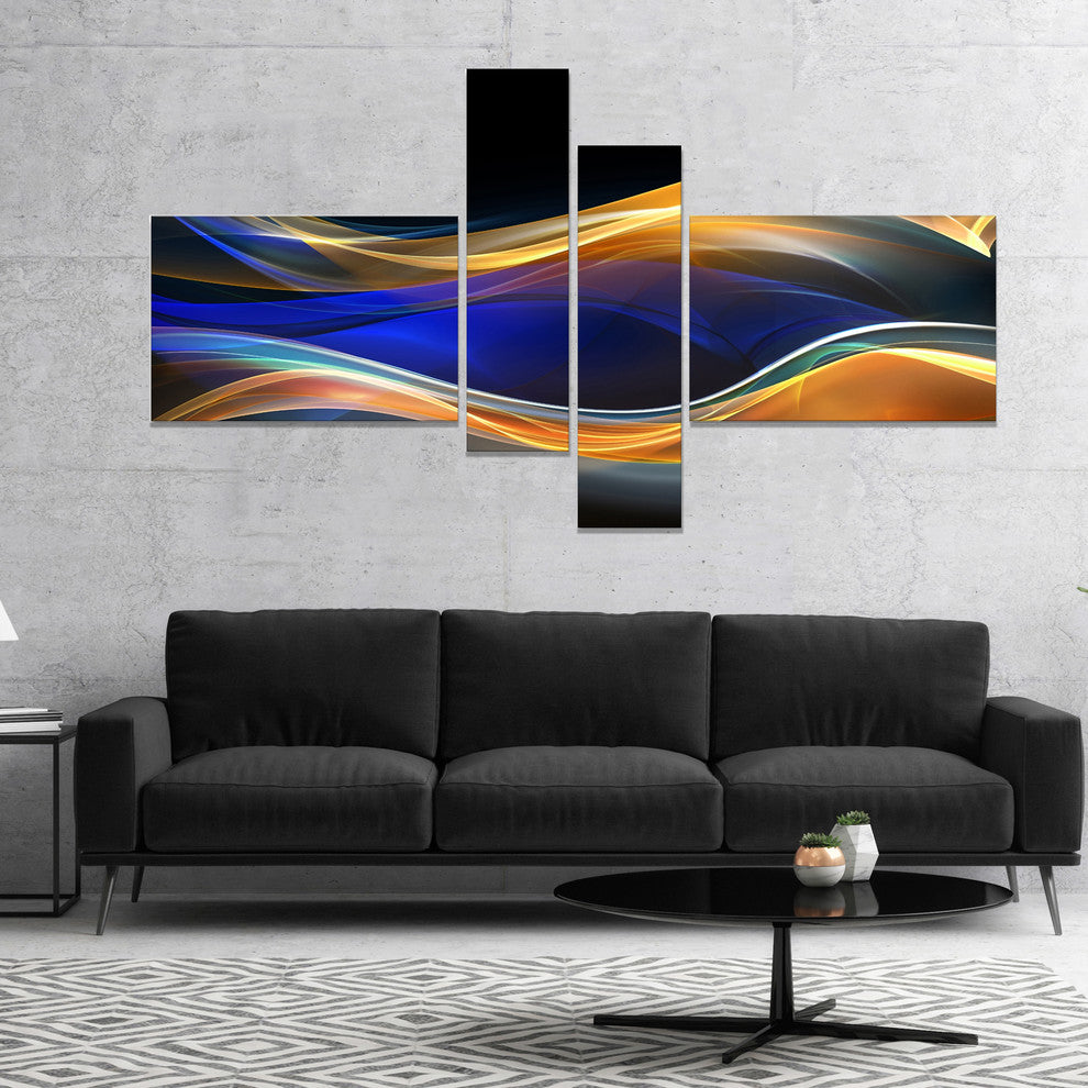 3D Gold Blue Wave Design, Abstract Canvas art print, 60"x32", 4 panels