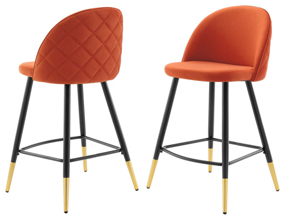 Counter Stool Chair, Set of 2, Velvet, Metal, Orange, Modern, Bar Pub Bistro