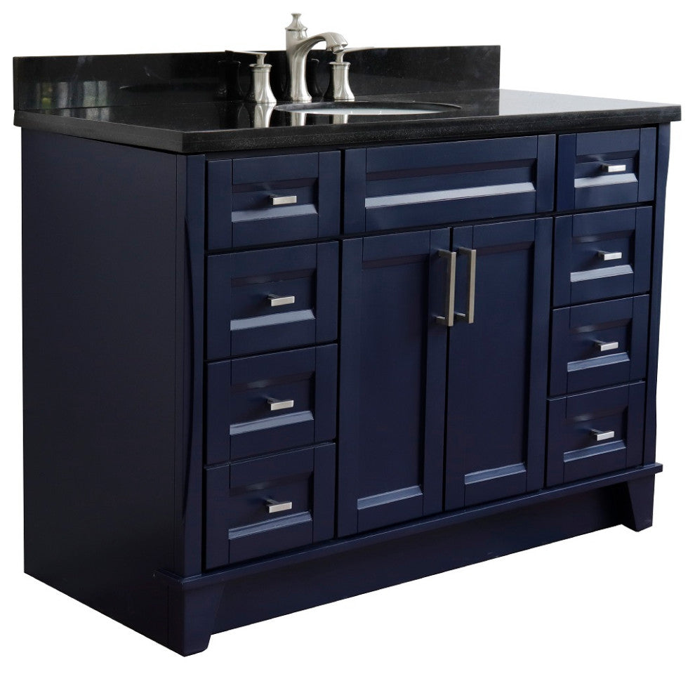 49" Single Sink Vanity, Blue Finish With Black Galaxy Granite And Oval Sink