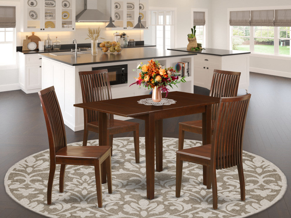 5Pc Dining Set, Small Kitchen Table, 4 Chairs, Slat Back, Mahogany