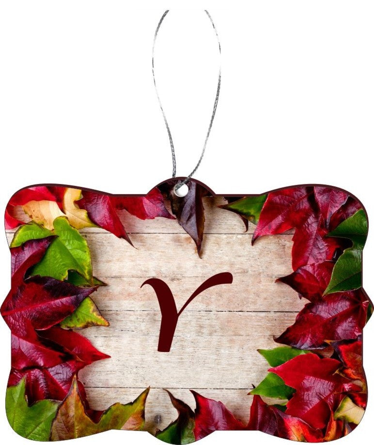Letter Y Rustic Fall Leaves on Wood Design Rectangle Christmas Tree Ornament