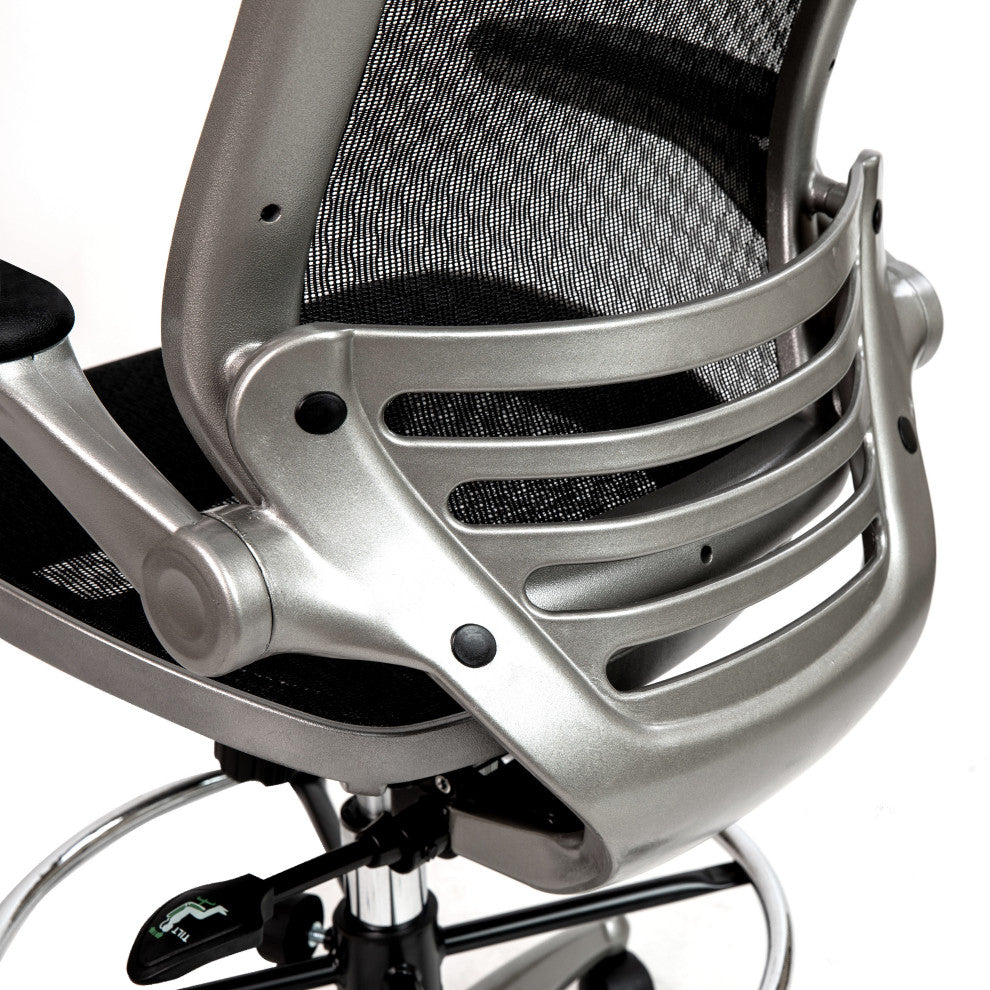 Mid-Back Transparent Black Mesh Drafting Chair -Silver Frame and Flip-Up Arms