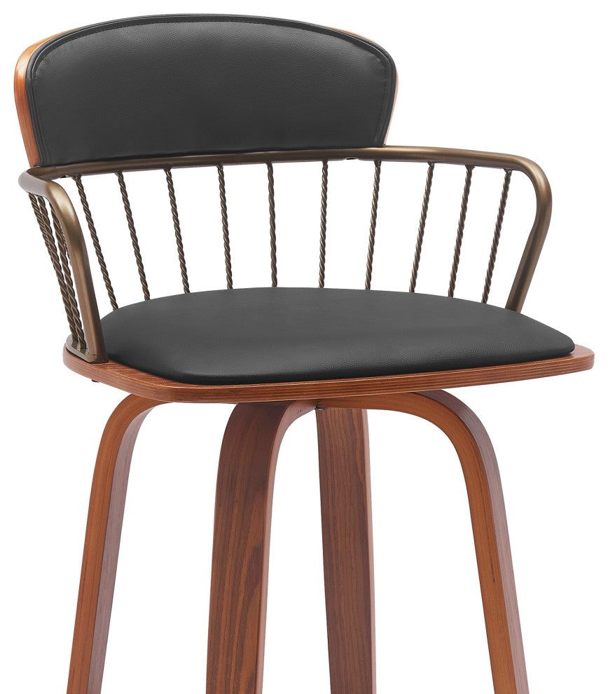 Willow 25.5" Swivel Walnut Wood Counter Stool, Black Faux Leather Bronze Metal, 30