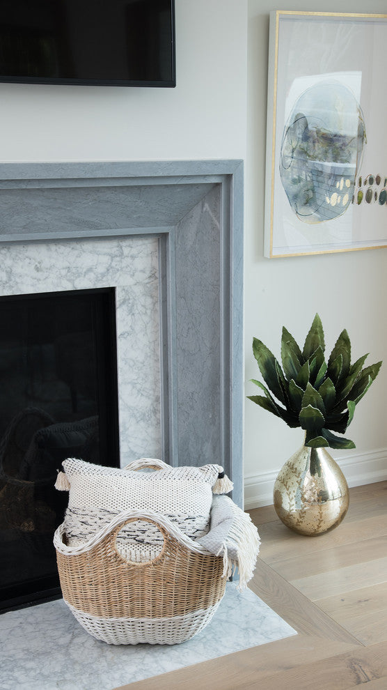 Oval Tote Decorative Wicker Storage Basket, Natural and White