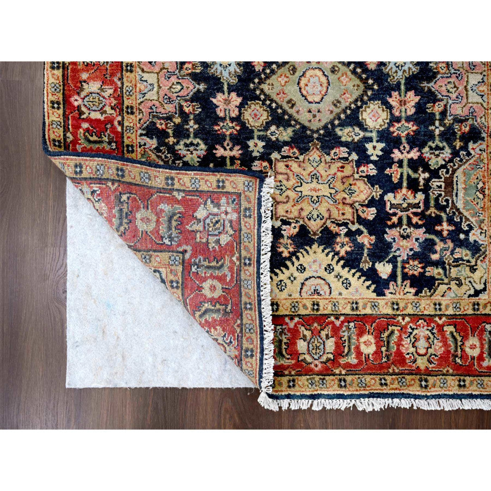Black With Red Karajeh Design Hand Knotted Wool Oriental Rug, 4'2"x6'