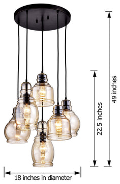 Sara 6-light Cognac Glass Pendant Round Base, Antique Black Finish