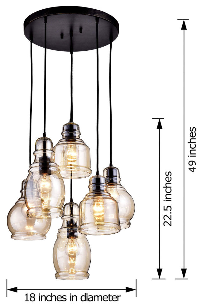 Sara 6-light Cognac Glass Pendant Round Base, Antique Black Finish