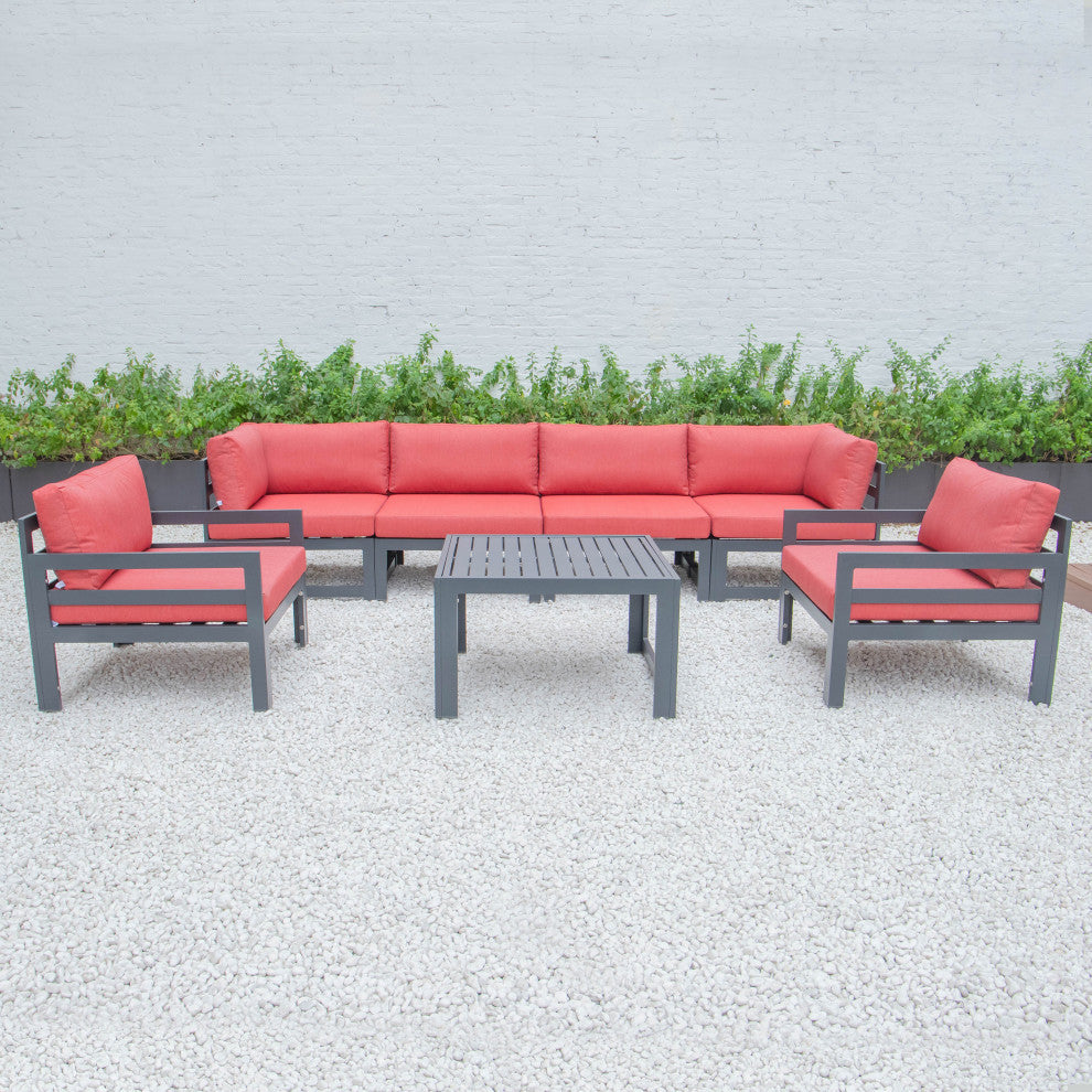 LeisureMod Chelsea 7-Piece Patio Sectional With Coffee Table, Red